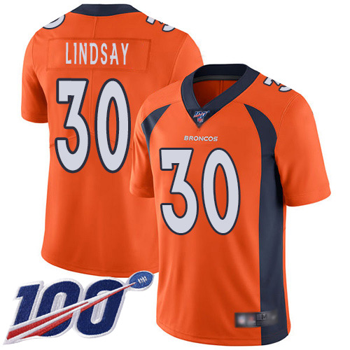 Men Denver Broncos #30 Phillip Lindsay Orange Team Color Vapor Untouchable Limited Player 100th Season Football NFL Jersey
